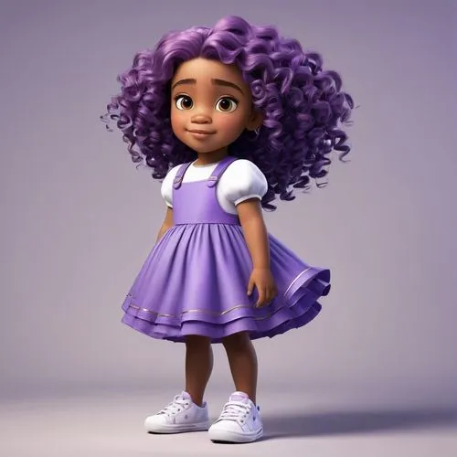 adorable, 
5 Years Old,  
African American,  
Female, 
Long curly purple hair with loose curls, she is wearing a purple princess dress, with White sneakers,   
Right profile, facing the right-hand sid