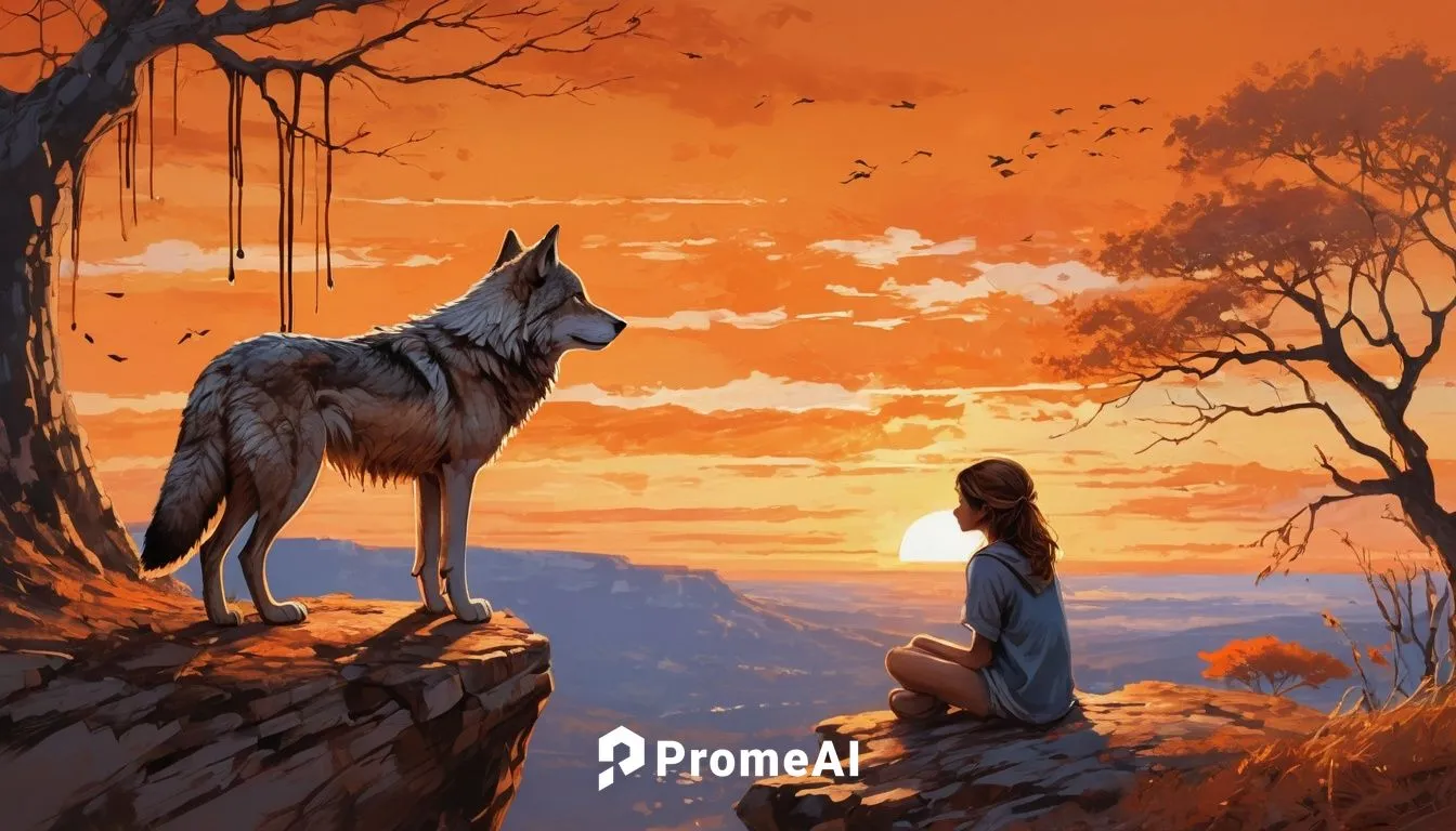 a brown wolf and a sad girl, both seen from behind. They are sitting on a cliff under a tree branch. The girl put his arm around the wolf's shoulders, she looks at the sheep with a sympathetic smile. 