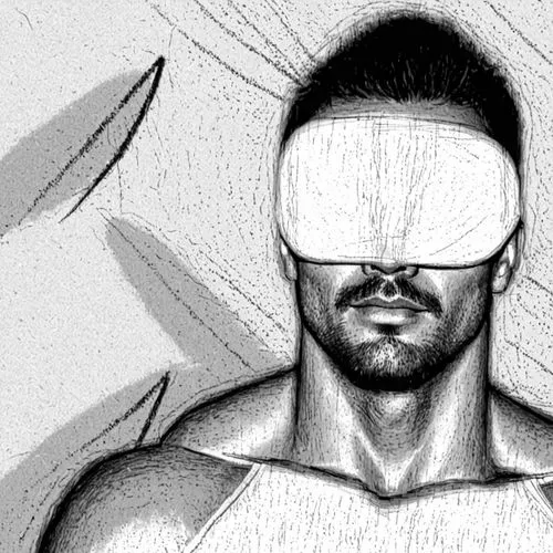 the man in the image has blindfolds over his face,blindfolds,blindfold,blindfolded,devitt,comic halftone,rotoscope,Design Sketch,Design Sketch,Black and white Comic