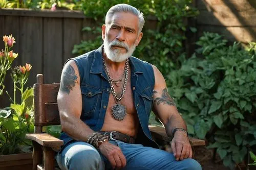 Muscular gay old man, 60yo, grey hair, thick beard, rugged facial features, pierced ear, silver necklace, tribal tattoo on arm, sleeveless denim shirt, ripped jeans, leather belt, brown boots, sitting