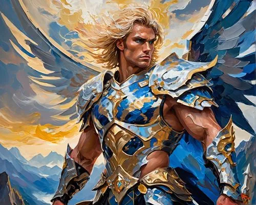 archangel,the archangel,wind warrior,odin,paladin,god of thunder,uriel,fantasy warrior,heroic fantasy,guardian angel,zeus,norse,adler,helios,poseidon,vane,griffin,fantasy art,valhalla,gabriel,Conceptual Art,Oil color,Oil Color 20