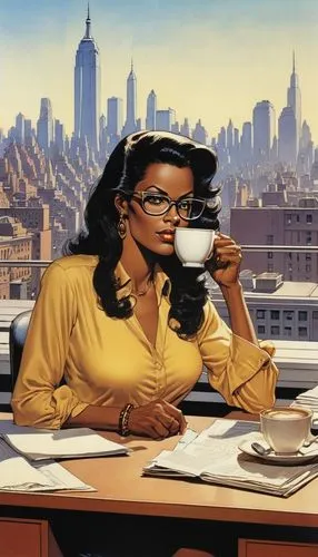 A research assistant, black glasses, at her desk, middle-aged New York City Jewish woman, long hair is down, coffee cup, Manhattan skyline outside her office window, by Jean Giraud, by Frank Frazetta,