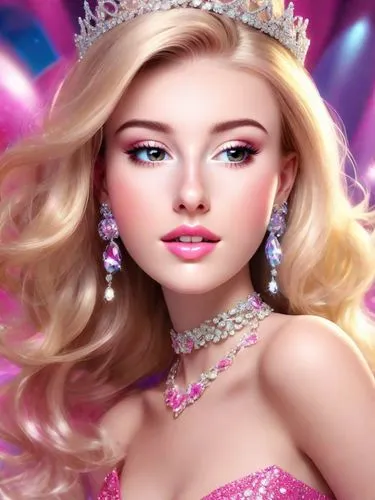 Beautiful blonde lady made to look like a Barbie doll for a party. Cerise dress. Tiara. Blinging jewellery. Sparkles. Artistic. Abstract background. 3D render. Pixar style.,a painting of a blonde girl