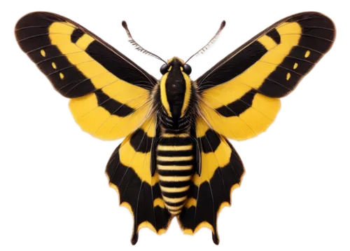 Tiger moth, close-up, macro shot, yellow and black stripes, furry body, antenna details, compound eyes, wings spread, soft focus background, warm lighting, shallow depth of field, high contrast, vibra