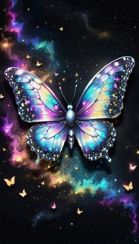 A galaxy butterfly covered in holographic glitter on a black holographic glitter background,butterfly background,butterfly vector,blue butterfly background,aurora butterfly,sky butterfly,large aurora 