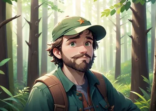 A 45 year old man, he is a forester,the hero in a green hat looking at soing in the woods,lumberman,farmer in the woods,forest man,gmm,cartoon forest,woodsman,Anime,Anime,Cartoon