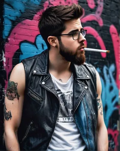 hipster,beatnik,male model,rockabilly style,ryan navion,biker,beard,vest,male poses for drawing,hipsters,bleachers,austin stirling,punk,rockabilly,blogger icon,young model istanbul,with tattoo,bearded,silver framed glasses,pompadour,Conceptual Art,Oil color,Oil Color 24