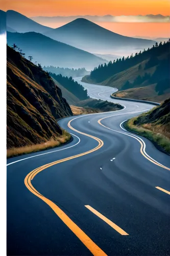 Sound wave, winding asphalt road, dynamic curves, vanishing point, misty atmosphere, distant mountains, setting sun, soft warm light, shallow depth of field, cinematic composition, low angle shot, mot