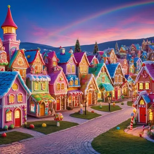 A whimsical village made entirely of candy-inspired buildings. Think gumdrop-shaped houses with candy cane pillars, gingerbread rooftops, and jellybean windows. Streets are made of rainbow-colored pat