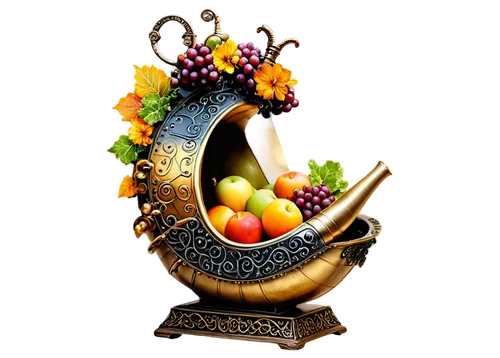 Horn-shaped container, overflowing abundance, colorful fruits, grapes, apples, pears, peaches, vegetables, carrots, broccoli, flowers, autumn season, warm lighting, soft focus, shallow depth of field,