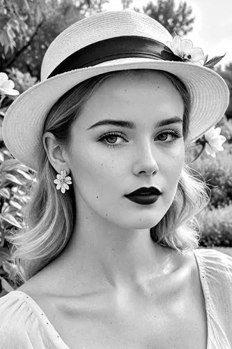 Close-up portrait of a young woman with striking features, displaying a thoughtful or introspective expression. Her face is highlighted by bright blue eyes, red lipstick, and delicate freckles dusting