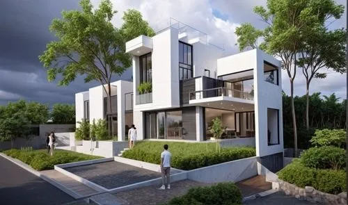 glass and aluminum windows, painted walls, sidewalks, planters, paved roads, trees, sky, people,OTRA FACHADA  AL MISMO ESTILO,modern house,landscape design sydney,3d rendering,landscape designers sydn