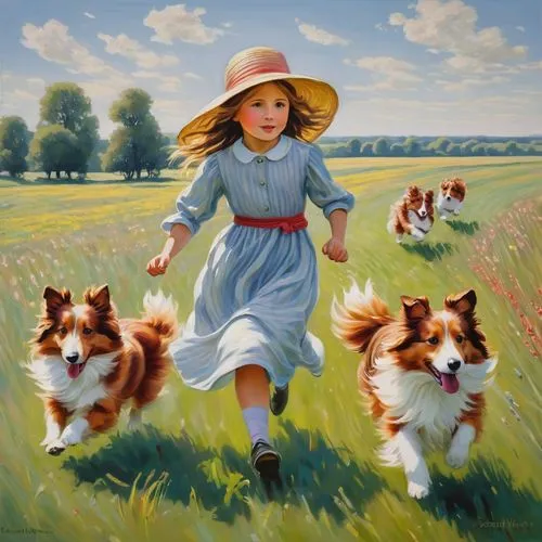 girl with dog,little girl in wind,little girl running,walk with the children,heatherley,little girls walking,dog walker,dog running,walking dogs,shepherdess,collies,corgis,running dog,children's background,oil painting on canvas,collie,walking in a spring,border collie,vintage children,pomeranians,Art,Artistic Painting,Artistic Painting 33