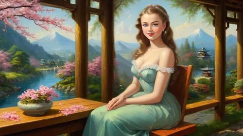 girl in a long dress,rapunzel,romantic portrait,girl in the garden,galadriel,portrait background,fantasy portrait,guqin,girl on the river,maureen o'hara - female,girl in flowers,fantasy picture,duchesse,landscape background,principessa,springtime background,woman sitting,delenn,belle,world digital painting