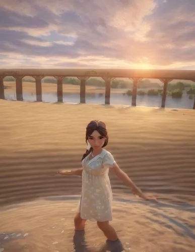 little girl running,little girl in wind,girl on the river,flying girl,rome 2,girl on the dune,croft,low water crossing,angel bridge,salt desert,little girl ballet,jump river,golden sands,little girl twirling,playing in the sand,capture desert,idyllic,clear stream,bright sun,water game,Game&Anime,Pixar 3D,Pixar 3D