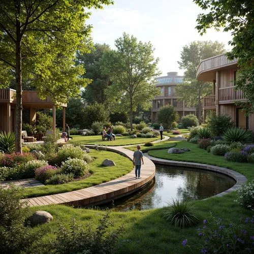 Serene natural landscape, lush greenery, vibrant wildflowers, meandering pathways, wooden decks, tranquil ponds, water features, organic architecture, curved lines, sustainable materials, living roofs