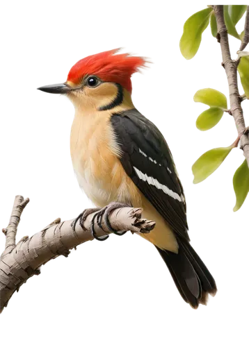 Female woodpecker, perched on tree branch, bright plumage, red cap, black back, white belly, strong beak, round eyes, fluffy feathers, delicate legs, tiny feet, green leaves background, warm sunlight 