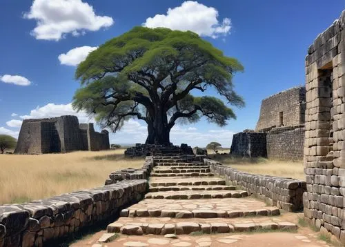 baobabs,baobab,artemis temple,uxmal,mitla,niassa,ceiba,chidzikwe,bodhi tree,adansonia,voortrekkers,nalanda,azteca,hampi,wukoki puebloan ruin,polonnaruwa,kuruman,vijayanagara,ancient city,driefontein,Art,Artistic Painting,Artistic Painting 24