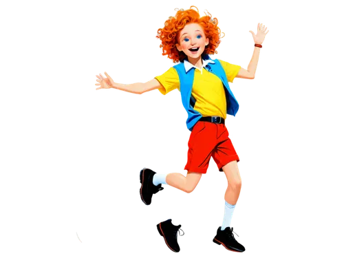 Colorful cartoon character, free resources, digital illustration, joyful facial expression, bright blue eyes, curly orange hair, yellow shirt with white collar, red shorts, white socks, black shoes, p