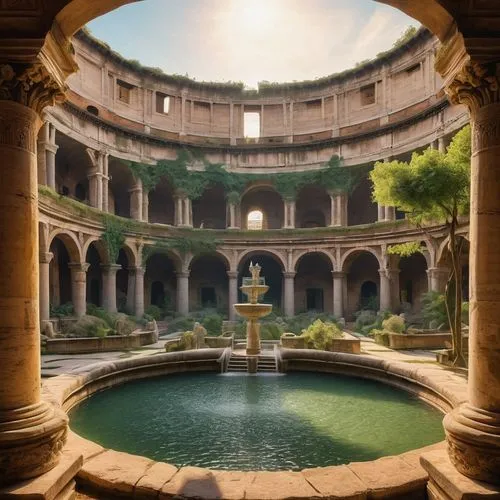 roman bath,water palace,garden of the fountain,courtyard,courtyards,inside courtyard,alcazar of seville,floor fountain,glyptotek,dorne,cistern,old fountain,palace garden,fountain pond,roman ruins,alhambra,fountain,reflecting pool,spa water fountain,ancient rome,Illustration,Retro,Retro 23