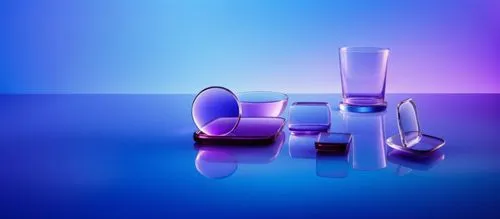 The image shows a purple and blue gradient background with a transparent glass circle in the foreground, suggesting a focus on the glass.,various pieces of purple glass are set up,glass series,glasswa