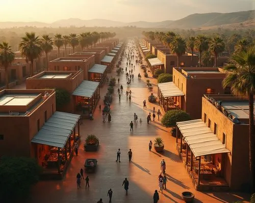 Global village theme  boulevard  showing different countries  architecture  , long street  covered with trasparent fabric shades , showing luxury shops ,  brands , restaurants , kiosks , interactive s