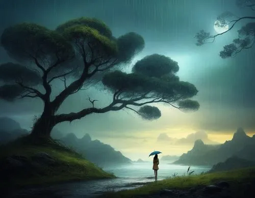 rain falling nude exotic looking far and away,woman holding a blue umbrella while standing on top of a lush green hillside,fantasy picture,fantasy landscape,landscape background,world digital painting