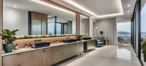 

- Reception area near the entrance, featuring a sleek counter with minimalist design, perhaps in polished wood or marble.
- Waiting area with comfortable, chic seating (plush chairs or sofas), accen