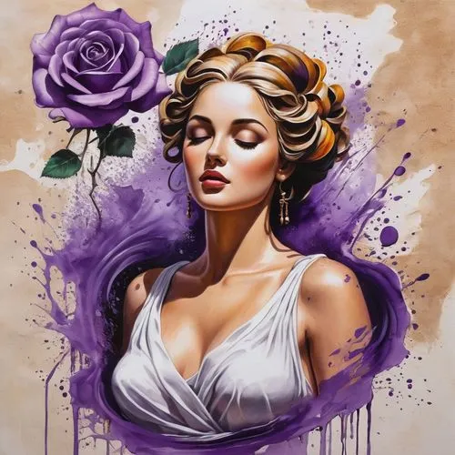 purple rose,watercolor pin up,la violetta,lilac flower,lilac blossom,megara,lilacs,rose flower illustration,vanderhorst,violaceous,purple lilac,violetta,spray roses,viveros,violette,art painting,flower painting,lilac flowers,gardenia,boho art style,Conceptual Art,Fantasy,Fantasy 23