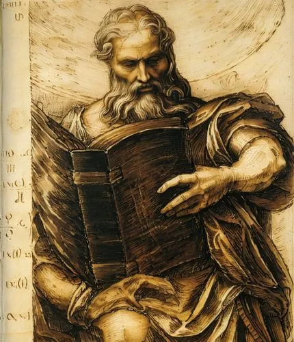 this is a drawing of an old man holding an open book,diogenes,mardonius,philosophica,anaxagoras,vitruvius,democritus,Art,Classical Oil Painting,Classical Oil Painting 03