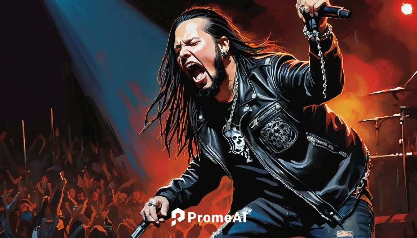 Jonathan Davis, Korn lead vocalist, fan art, aggressive posture, intense facial expression, black hair, piercings, tattoos, black leather jacket, ripped jeans, silver chain belt, microphone, concert s