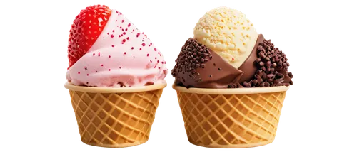 Colorful ice cream, three scoops, waffle cone, strawberry, chocolate, vanilla, sprinkles on top, creamy texture, golden lighting, 3/4 composition, close-up shot, shallow depth of field, warm color ton