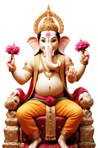 Hindu god Ganesh, golden ornaments, detailed crown, large belly, four arms, elephant head, tusks, vermilion mark on forehead, sacred thread, garland of flowers, intricately carved throne, soft focus, 