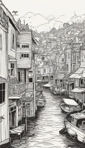 valparaiso,porto,fishing village,harbor,douro,floating huts,chiloe,boat harbor,monterey,wooden houses,stone town,ketchikan,harbour,gondolas,old city marina,wharf,boats,boat yard,fishermans wharf,row houses,Illustration,Black and White,Black and White 02