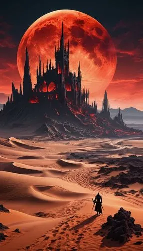 castlevania,barsoom,red planet,arrakis,scorched earth,gallifrey,tatooine,dune,malazan,lunar landscape,fire planet,mordor,desolate,desolation,red sun,post-apocalyptic landscape,alien planet,desert,eberron,fantasy picture,Illustration,Realistic Fantasy,Realistic Fantasy 46