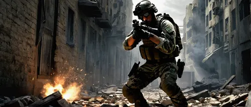 soldier, military operator, Call of Duty Modern Warfare 3, tactical gear, assault rifle, night vision goggles, crouching position, urban warfare, concrete rubble, destroyed buildings, action-packed, d