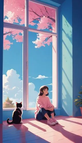 studio ghibli,the little girl's room,summer day,dream world,atmosphere,window sill,tranquil,daydream,summer sky,windowsill,blue room,idyll,sky apartment,window seat,sunny day,a beautiful day,window to the world,dreaming,idyllic,soft pastel,Conceptual Art,Daily,Daily 20