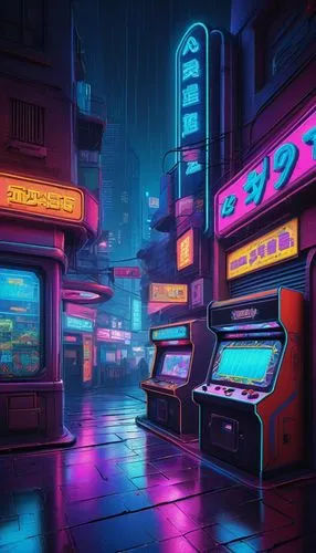 arcade,arcades,arcade games,cybertown,retro diner,cyberscene,synth,cyberpunk,retro styled,retro background,polara,cybercity,retro,spaceland,3d render,80's design,robotron,cyberworld,neon arrows,jukebox,Illustration,Paper based,Paper Based 26