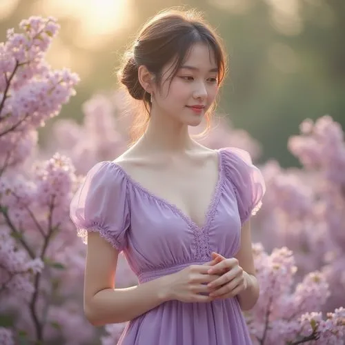 beautiful girl with flowers,girl in a long dress,purple dress,girl in flowers,lilac blossom,vietnamese woman,light purple,holding flowers,hanbok,pale purple,ao dai,yingjie,yunjin,yifei,the plum flower,the lavender flower,purple landscape,xueying,romantic look,suzong,Photography,General,Realistic