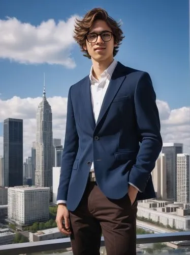 Daniel Arsham, architectural designer, senior high school student, bespectacled, messy brown hair, casual smile, white shirt, dark blue blazer, black trousers, Adidas sneakers, holding a architectural