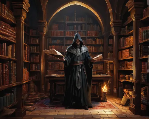 librarian,scholar,bookstore,dark cabinetry,bookshop,apothecary,book store,dodge warlock,open book,the books,hooded man,bookshelves,books,magic book,sci fiction illustration,magic grimoire,the abbot of olib,bibliology,sorceress,debt spell,Conceptual Art,Daily,Daily 01