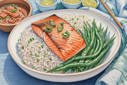 bowl with rice, green onions, teriyaki salmon, and fresh green beans next to blue linen,salmon fillet,sockeye salmon,arctic char,rice with seafood,salmon,steamed rice,seafood in sour sauce,wild salmon