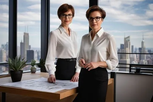 Modern collaborative workspace, architectural firm office, mature lady architect, 30s, professional attire, black framed glasses, short brown hair, minimal makeup, white blouse, black pencil skirt, hi