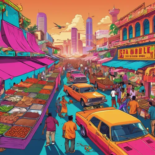 colorful city,the market,hippy market,market,large market,vendors,marketplace,fruit market,farmer's market,banana box market,car hop,souk,sci fiction illustration,vegetable market,farmers market,fish market,cities,bazaar,principal market,game illustration,Illustration,Vector,Vector 19