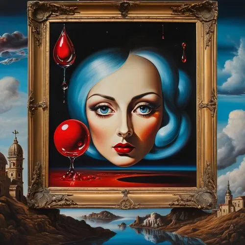 Salvatore Dali style, surreal oil painting in a frame on the wall of a museum showcasing a surreal woman, poised to enchant the viewer with extensions of surreal objects in the sky,  woman´s appearenc