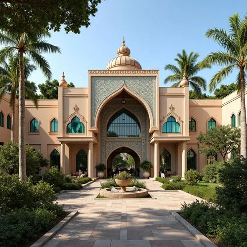 Regional pavilion, ornate facade, Islamic-inspired arches, intricately patterned tiles, vibrant turquoise accents, grand entrance, imposing columns, curved rooflines, ornamental domes, lush greenery, 