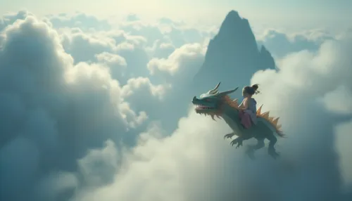 small girl riding a chinese dragon through the clouds above a chinese mountain landscape,a girl riding on the back of a dragon shaped creature above the clouds,skylander giants,cloudmont,soaring,skaar