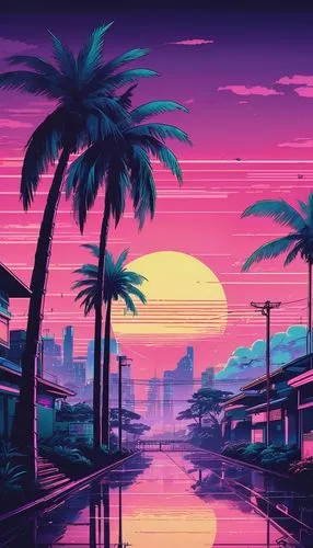 purple wallpaper,miami,80's design,retro background,aesthetic,dusk background,palmtrees,80s,dusk,hd wallpaper,honolulu,wallpaper roll,vapor,tropics,4k wallpaper,wallpaper,palm trees,summer background,lagoon,futuristic landscape,Illustration,Japanese style,Japanese Style 06