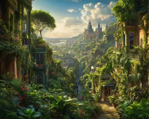 violet evergarden,fantasy city,merida,fantasy landscape,fantasy world,gaudí,rapunzel,fairy world,garden of eden,3d fantasy,valerian,fantasy picture,ancient city,fairy village,full hd wallpaper,world digital painting,fantasia,medina,madagascar,oasis,Conceptual Art,Fantasy,Fantasy 05