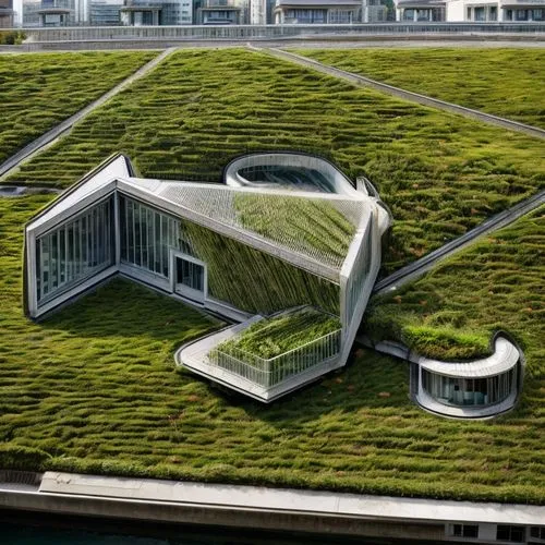 green roof, glass roof ,seaside at ther back,grass roof,autostadt wolfsburg,eco-construction,turf roof,solar cell base,roof garden,eco hotel,hahnenfu greenhouse,cube stilt houses,roof landscape,futuri